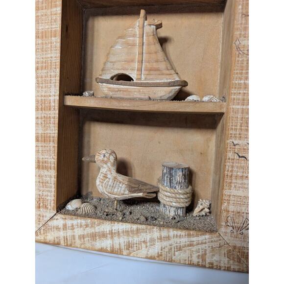 Nautical Wood Framed Shadow Box 3 Tier Boat Lighthouse Seagull 17" - Picture 2 of 5